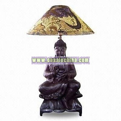 Large Wooden Desk Lamp with Buddha Sculpture Standing