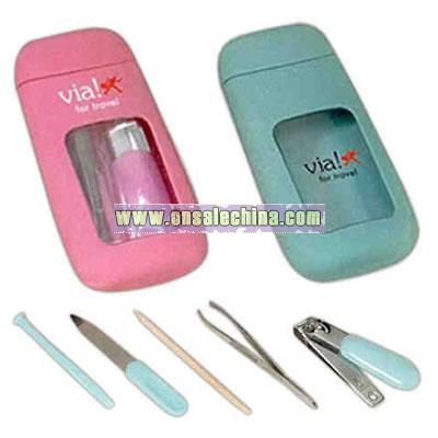 Five piece manicure set in hard container with window