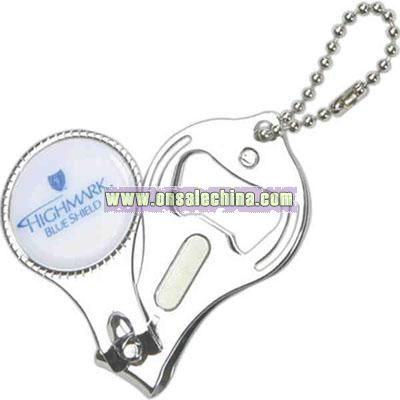 Round nail clipper with bottle opener and key chain