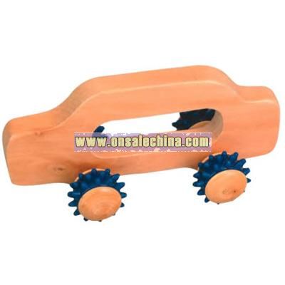 Car shape comfort wooden handle massager with four knobby rubber wheels