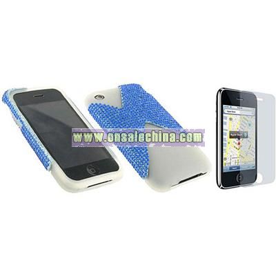 Apple iPhone 3GS/ 3G White Silicone/ Blue Rhinestone Shell Case