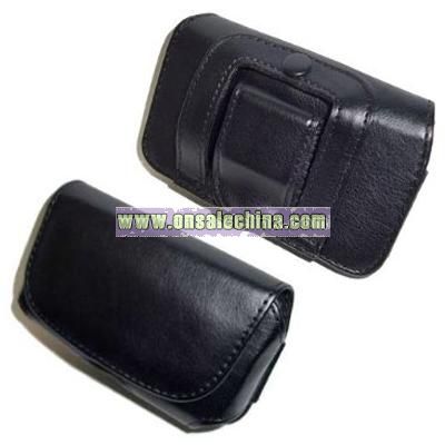 Executive Black Horizontal Leather Side Case Cell Phone Pouch with Velcro Flap and Belt Clip