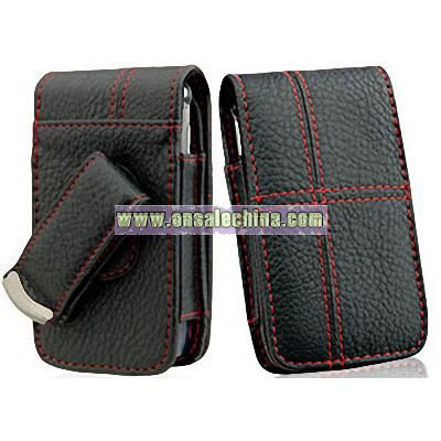 Motorola Rival A455 Black Leather Case Pouch With Red Cross Stitches