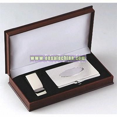 CARD CASE AND MONEY CLIP GIFT SET - SILVER