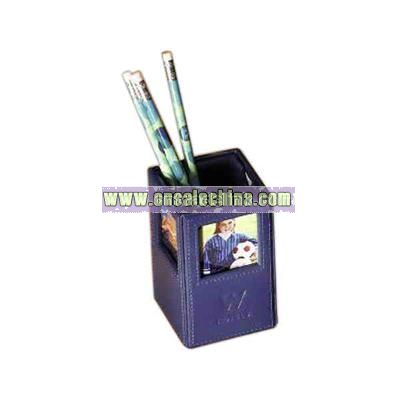 Cowhide leather pencil cup and photo holder