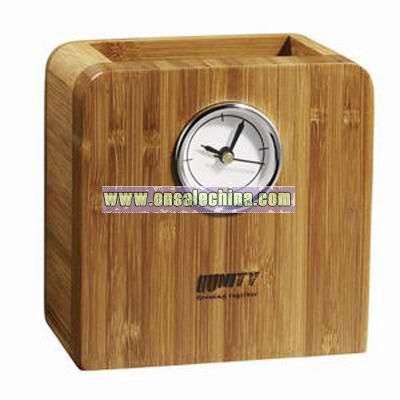 Bamboo pen holder with clock
