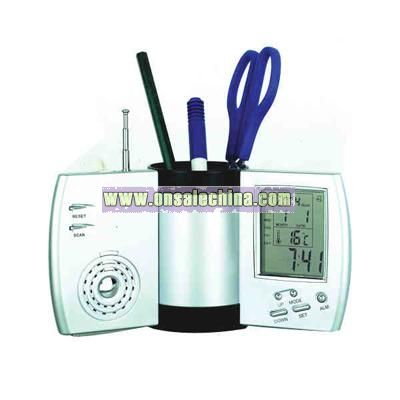 Pen holder with rotary calendar and FM auto scan radio and more
