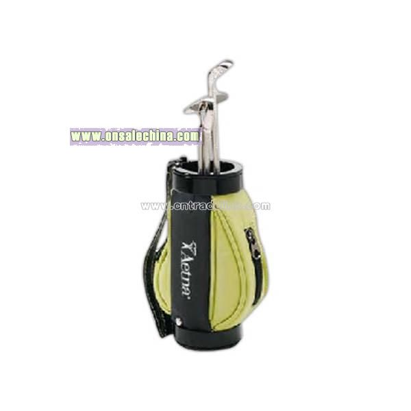 Promotional Pine Valley - Mini leather tone golf bag with three pens.