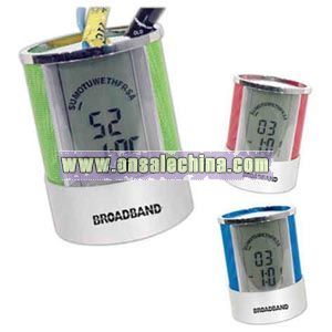 Blue Pen holder with LCD clock