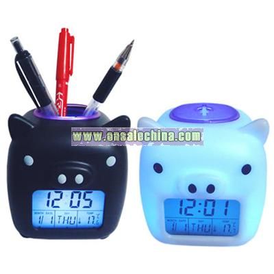 Piggy Glowing LED Digital Mood Clock with Penholder