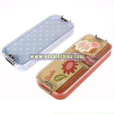 Two layer pencil case with sliding buckle and plastic cover