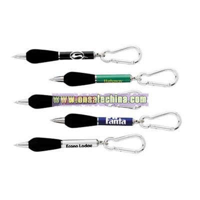 Twist action ball pen and rubber grip with carabiner