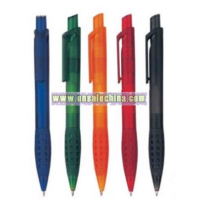 Click action pen with colored barrel and matching grip