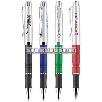 Twist action ballpoint pen with black rubber grip and rippled barrel