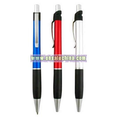 Plunger ball point pen with rubber grip
