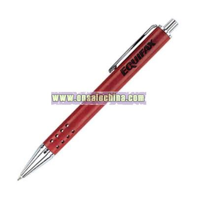 Wood push action ball point pen with perforated grip
