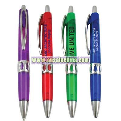 Plastic click action ballpoint pen with metal clip and plunger.