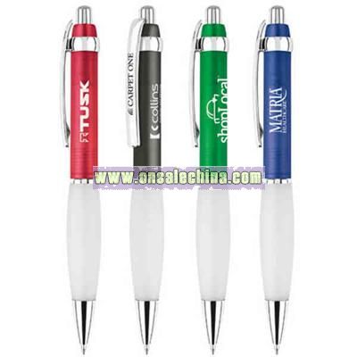 Click action ballpoint pen with colored barrel and textured rubber grip