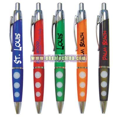 click action plastic pen with a soft white spot design grip
