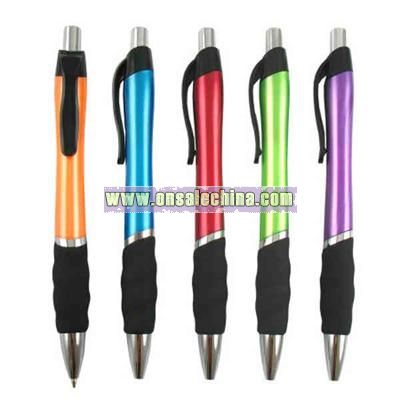 Click action plastic pen with a styled soft grip