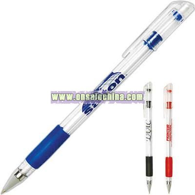 Round clear barrel stick pen with rubber grip