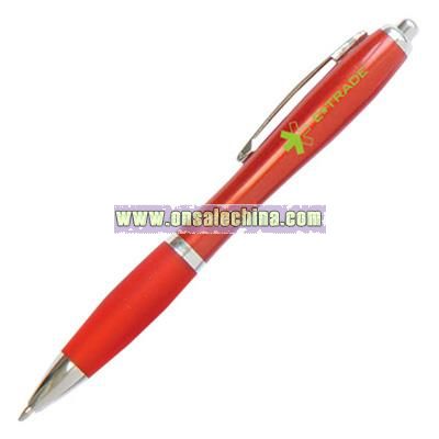 Cured plastic pen with chrome trim and rubber grip