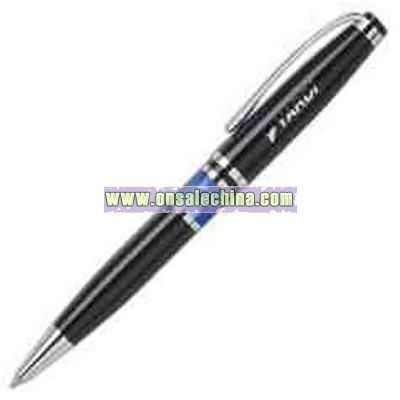 Black heavy brass twist action ballpoint pen with marble blue inlay