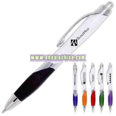 Pen with white barrel and with silver accents and colorful grip