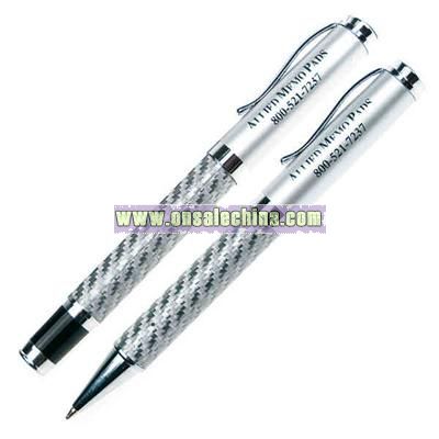 Metal roller ball pen with silver weave look