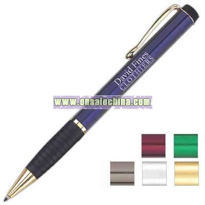 Twist-action solid brass ballpoint pen with satin chrome finish and rubber grip