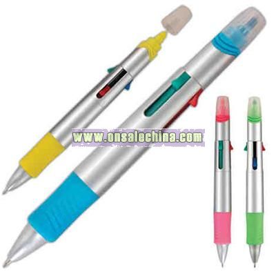 Highlighter and 4 color ink combo plastic ball pen