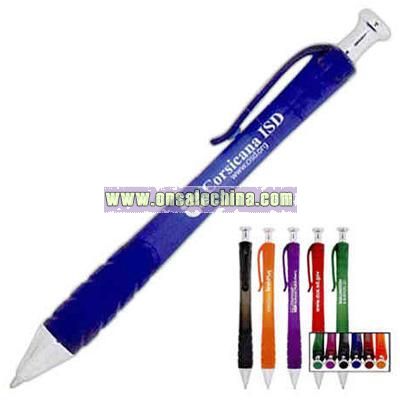 Pen with translucent barreland matching clip and ridged grip
