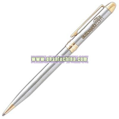 Twist action ballpoint pen in brushed stainless finish with gold points