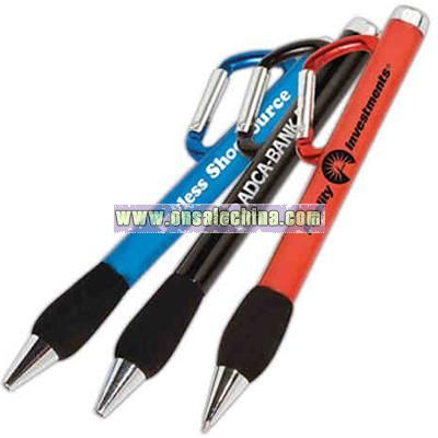 Long metal carabiner ballpoint pen with twist action and black soft grip