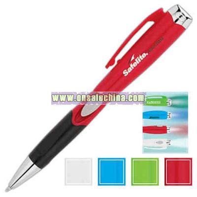 Two-in-one ballpoint pen with colorful barrel and matching color LED light