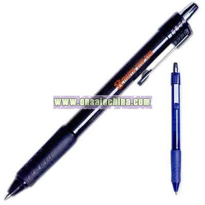 Retractable gel pen with rubber grip.