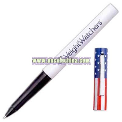 Ballpoint pen with white barrel and stars and stripes design cap