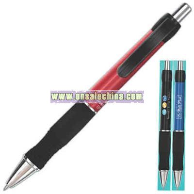 Medium point ballpoint pen with gel ink and solid color barrel.