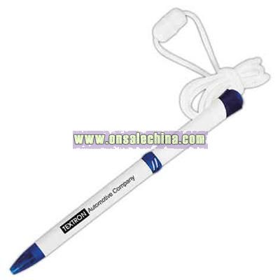 Plastic white twist pen with rope