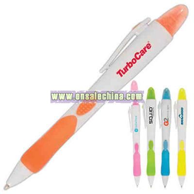 Two in one plastic highlighter and retractable ballpoint pen combo
