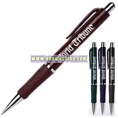 Colored barrel pen with matching colored accents and rubber grip section.