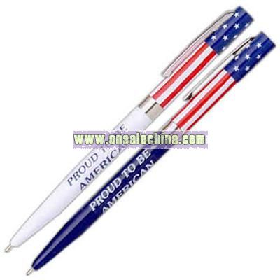 Twist action ballpoint pen with flag motif