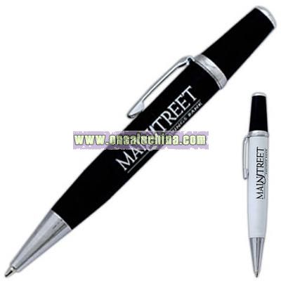 Mini twist metal pen with black twist top and silver accents
