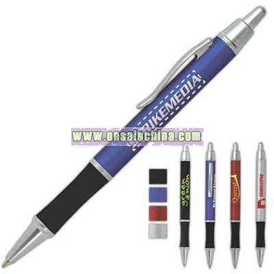 Plunger action retractable ballpoint pen with black rubber grip.