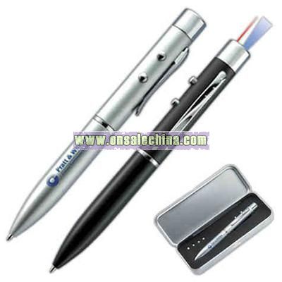 Laser pointer and flash light twist action ball point pen