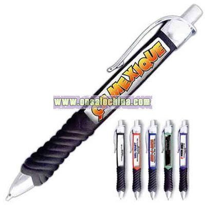 Square - Retractable ballpoint plunger pen with grip section.