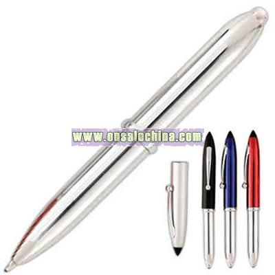 Compact ballpoint pen with light and stylus tip