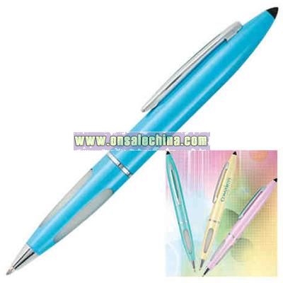 Twist action ball pen with stylus head and rubber grip