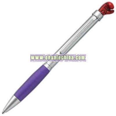 Boxing glove twist action ballpoint pen with comfort grip section.