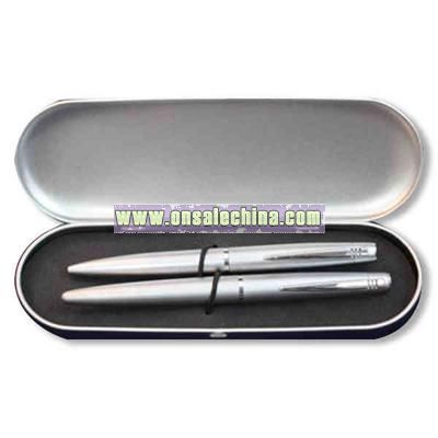 Roller ball and ball pen set in metal case.